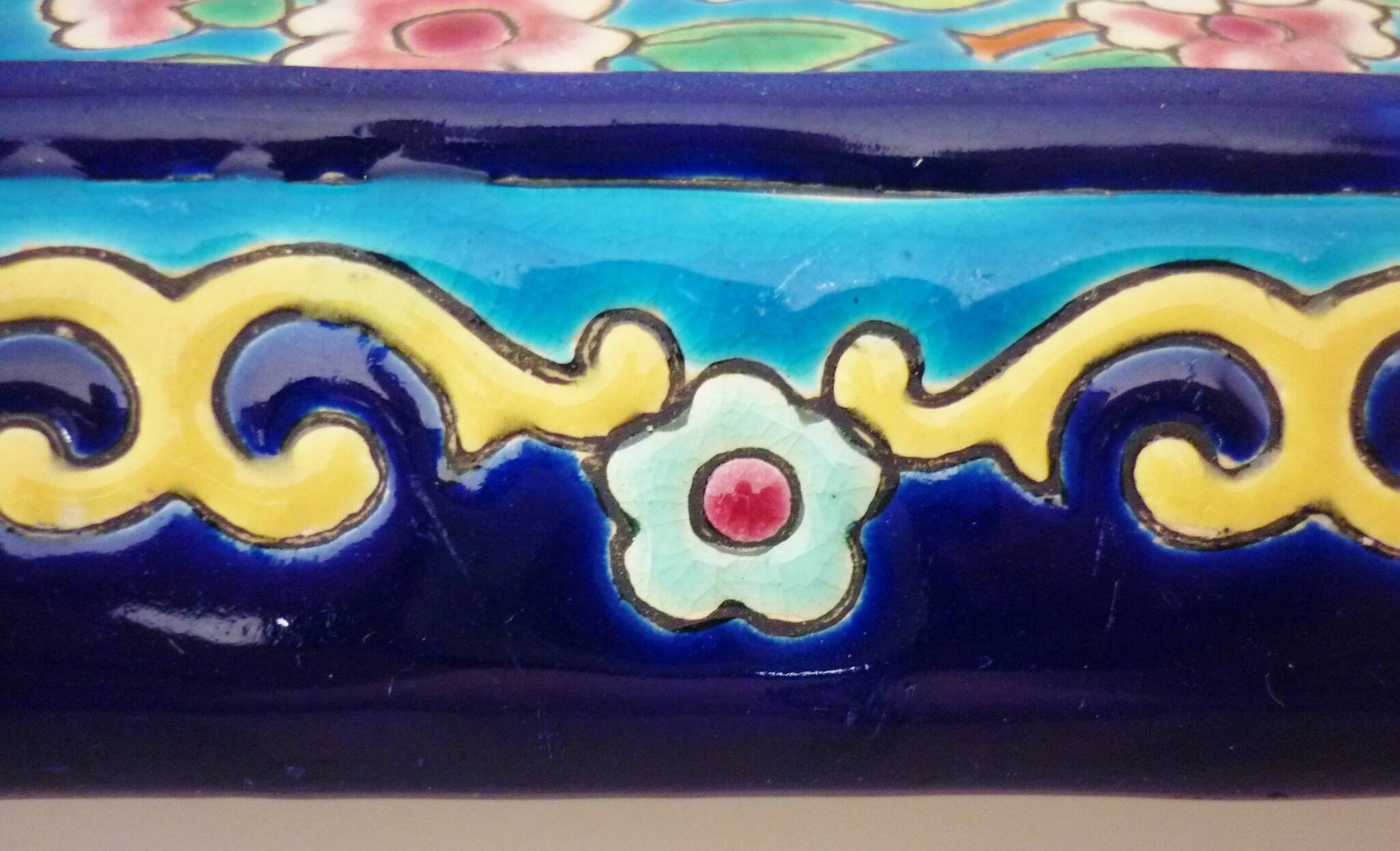 Glazed ceramic trivet, Longwy enamels, art deco
