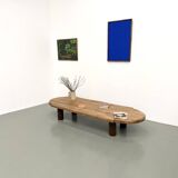 XXL oval coffee table in solid oak, cylindrical base, 1950s.