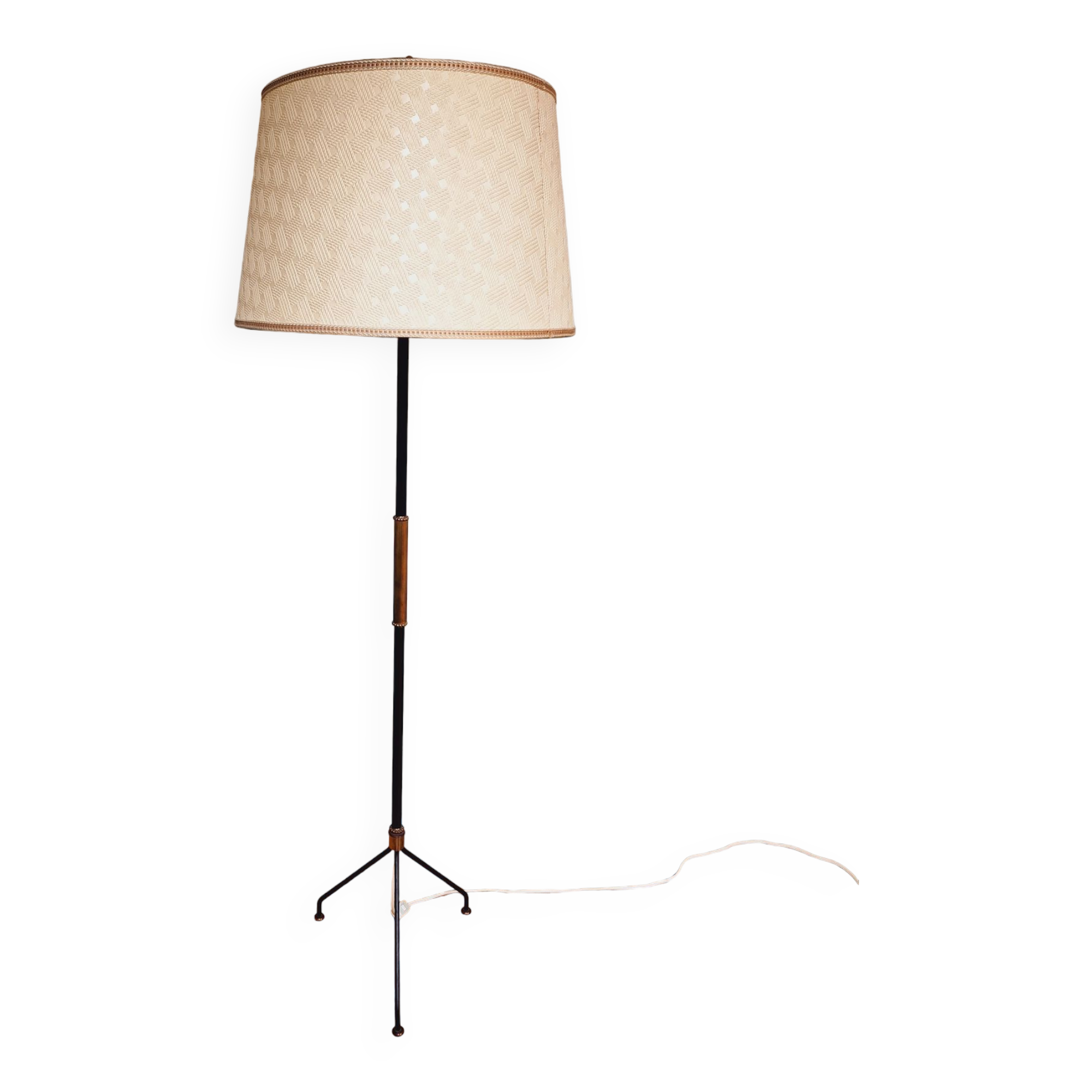 Vintage tripod floor lamp in black lacquered metal and brass, 50s