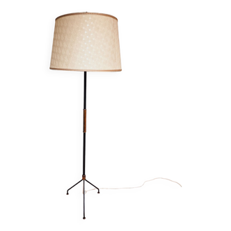 Vintage tripod floor lamp in black lacquered metal and brass, 50s