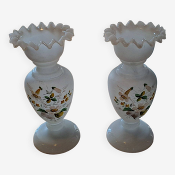 Pair of Art Nouveau enameled opaline vases
