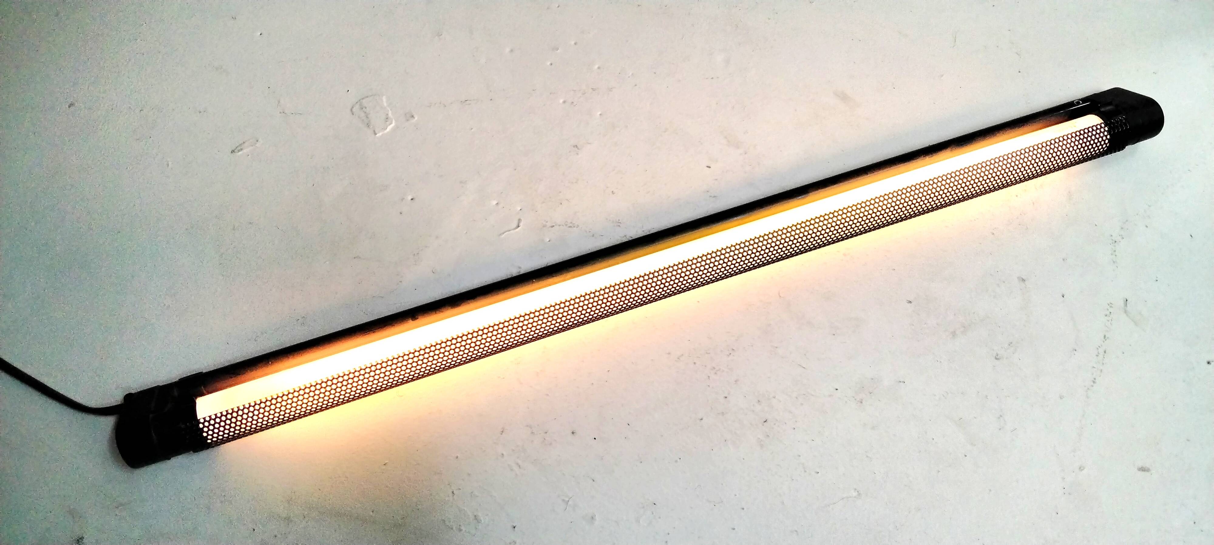 Black lacquered perforated metal table lamp with neon lighting - vintage from the 80s / 90s