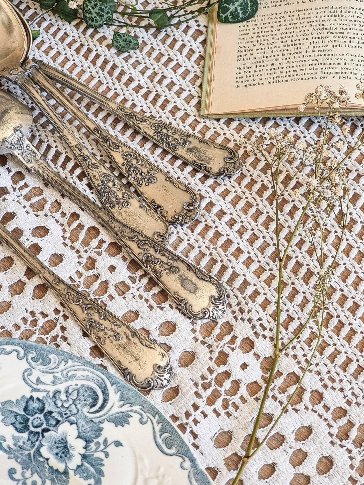6 silver-plated metal soup spoons, 12g, art nouveau