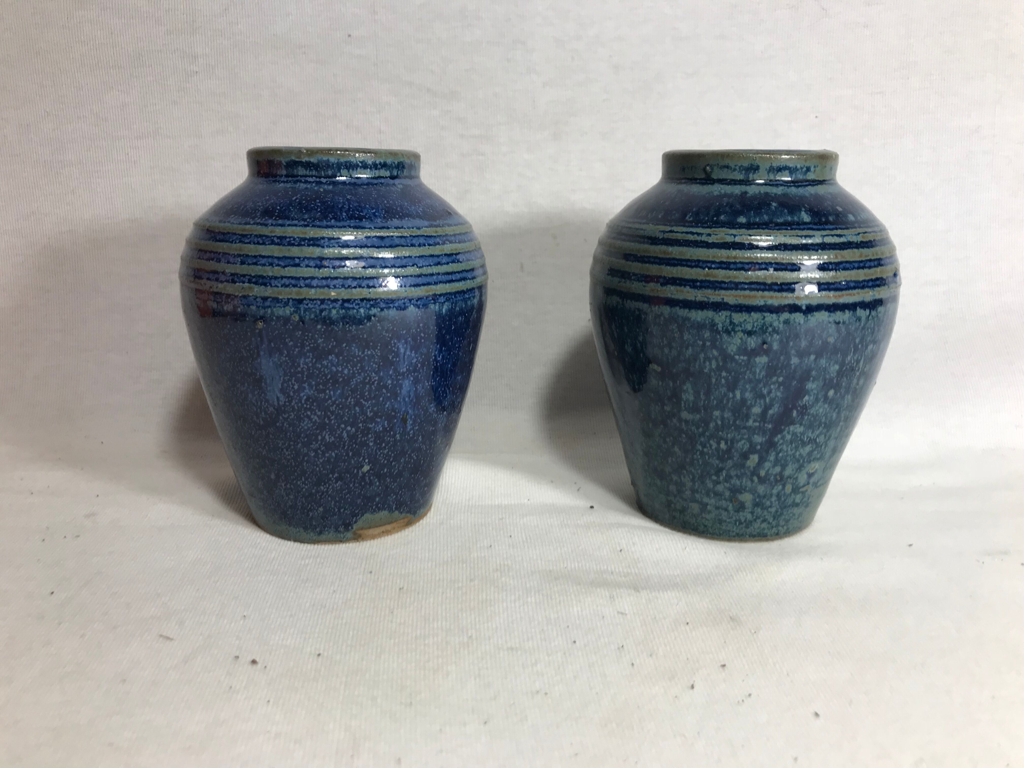 Lot of 2 old vases blue ceramic 70s
