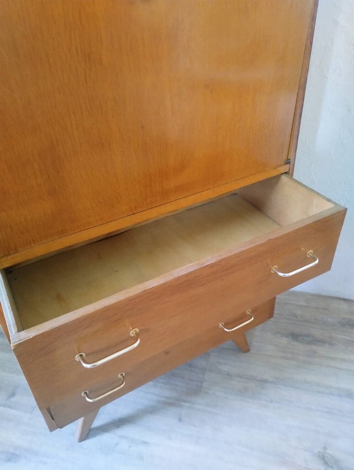 Vintage 1950s secretary desk with compass legs and gilded oak