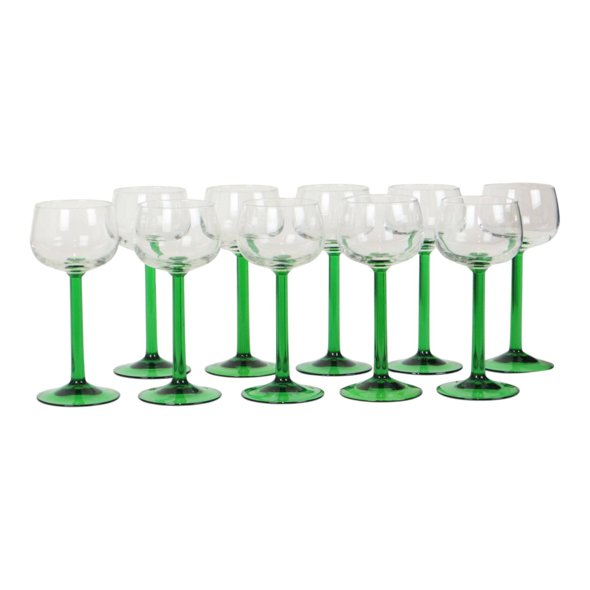 Set of 10 Vintage Luminarc Alsace Wine Glasses Thick Green Stems