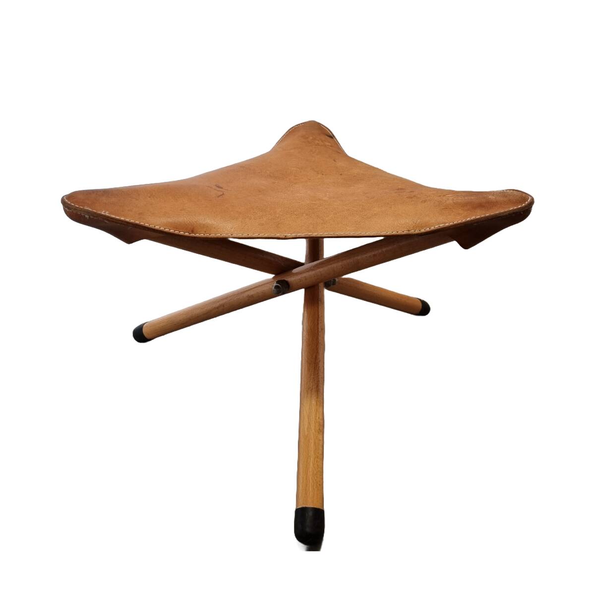 Tabouret tripode en cuir vintage, années 1970