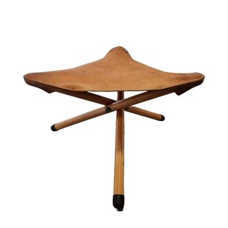 Tabouret tripode en cuir vintage, années 1970