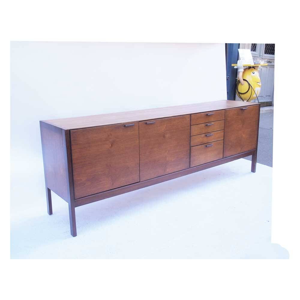 Long Scandinavian vintage teak and leather sideboard