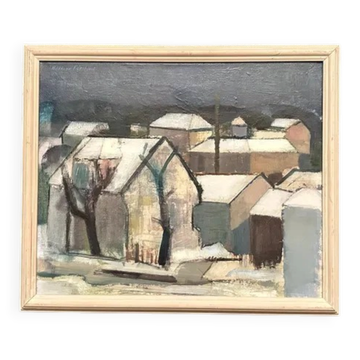 Original Swedish Oil on Canvas – "Winter Night in the City" by Helmer Forslund – Signed – Vintage and Framed – 45 × 37 cm (17.7" × 14.6")