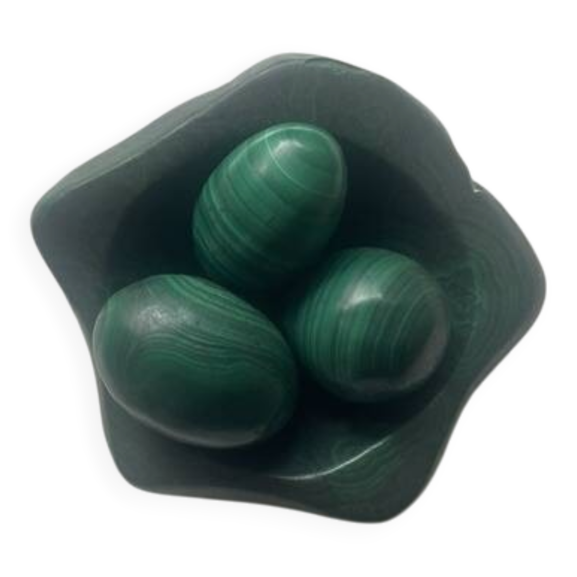 Ashtray / pocket tray in natural malachite, with its three eggs.