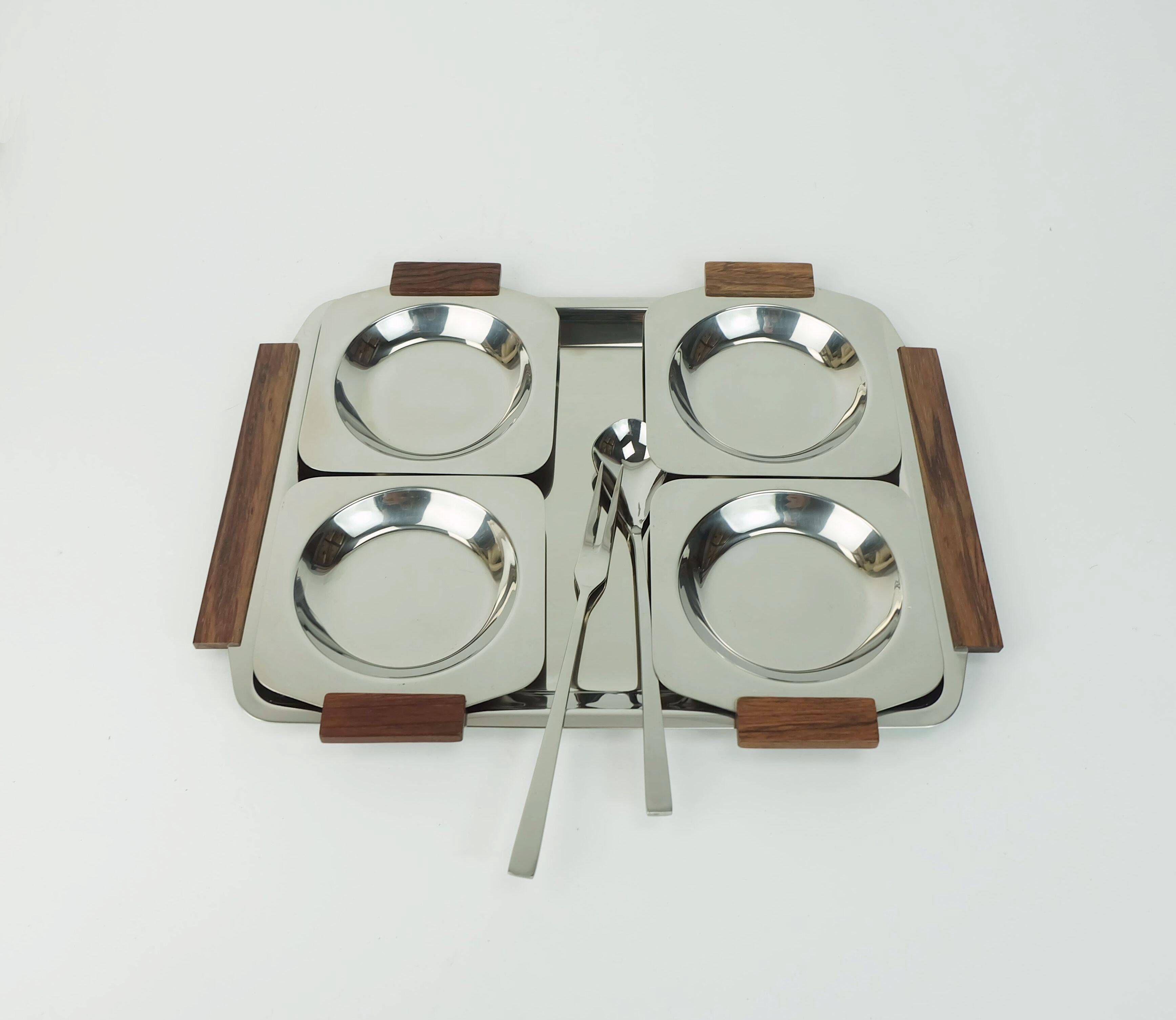 BOWL SET dip bowls party serving set stainless steel and wood 1960s