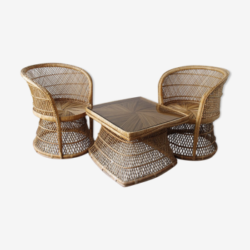 Ensemble vintage de chaises de paon en osier et table des années 60