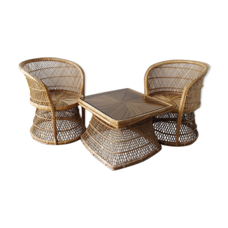 Ensemble vintage de chaises de paon en osier et table des années 60