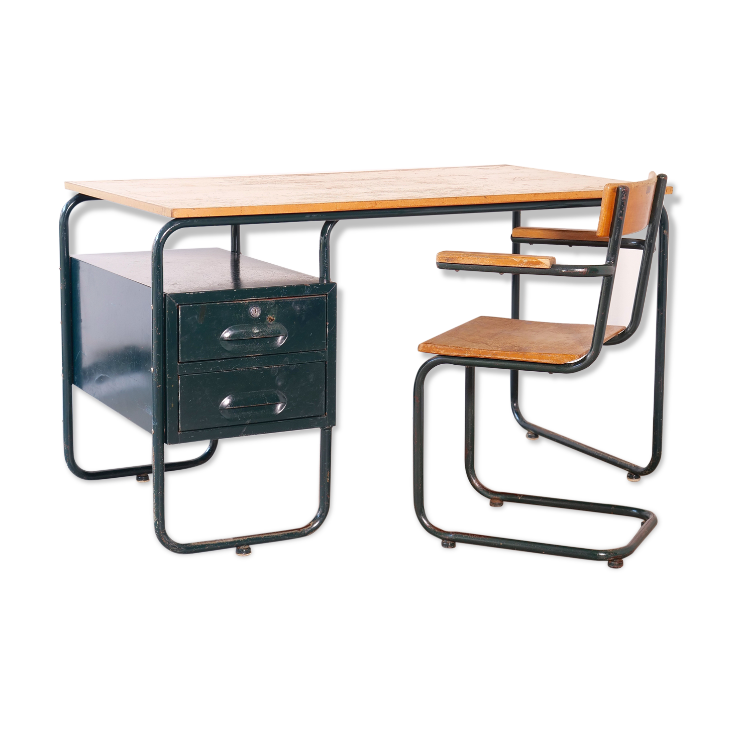 Desk with bauhaus style tubular steel chair