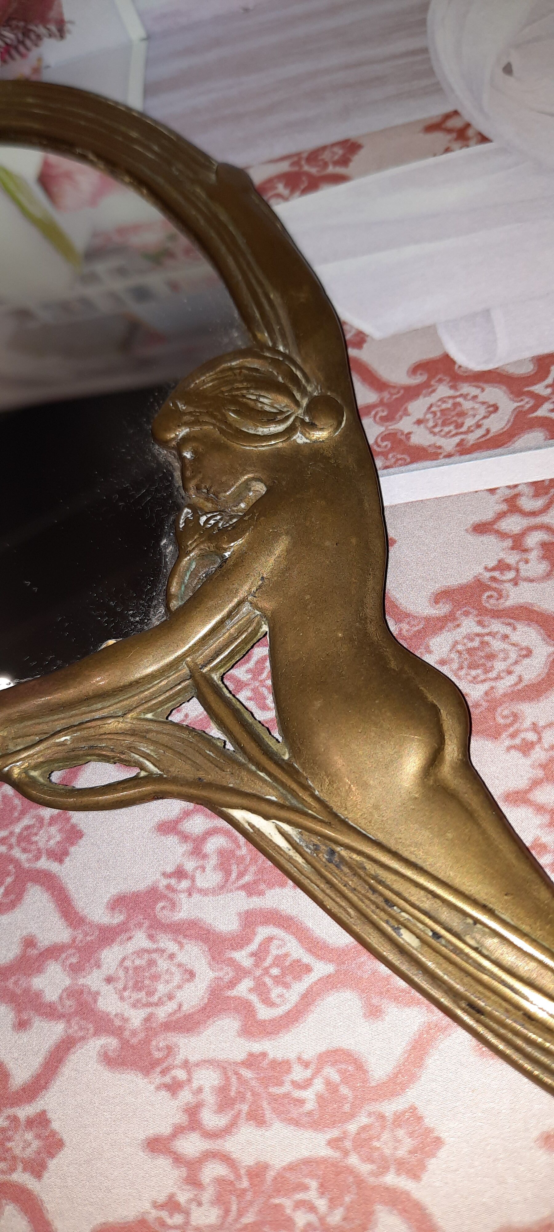 Art Nouveau gilded brass hand mirror