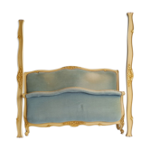 Lit corbeille bois ceruse blanc and dorure - velours bleu clair
