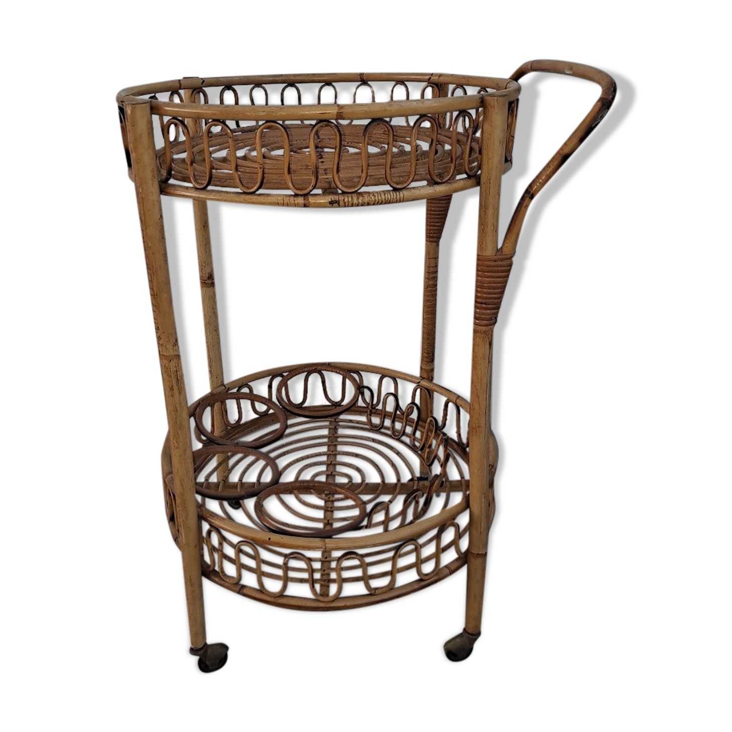 Mid-century Italian Bamboo and Rattan Round Bar Cart