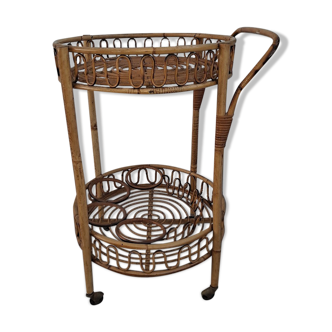 Mid-century Italian Bamboo and Rattan Round Bar Cart