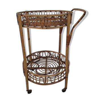 Mid-century Italian Bamboo and Rattan Round Bar Cart