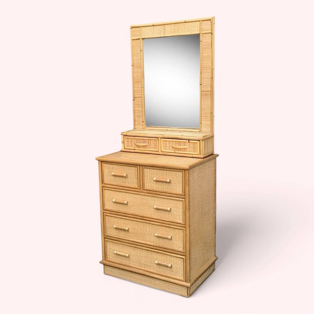 Rattan and woven wicker chest of drawers and mirror, 1970