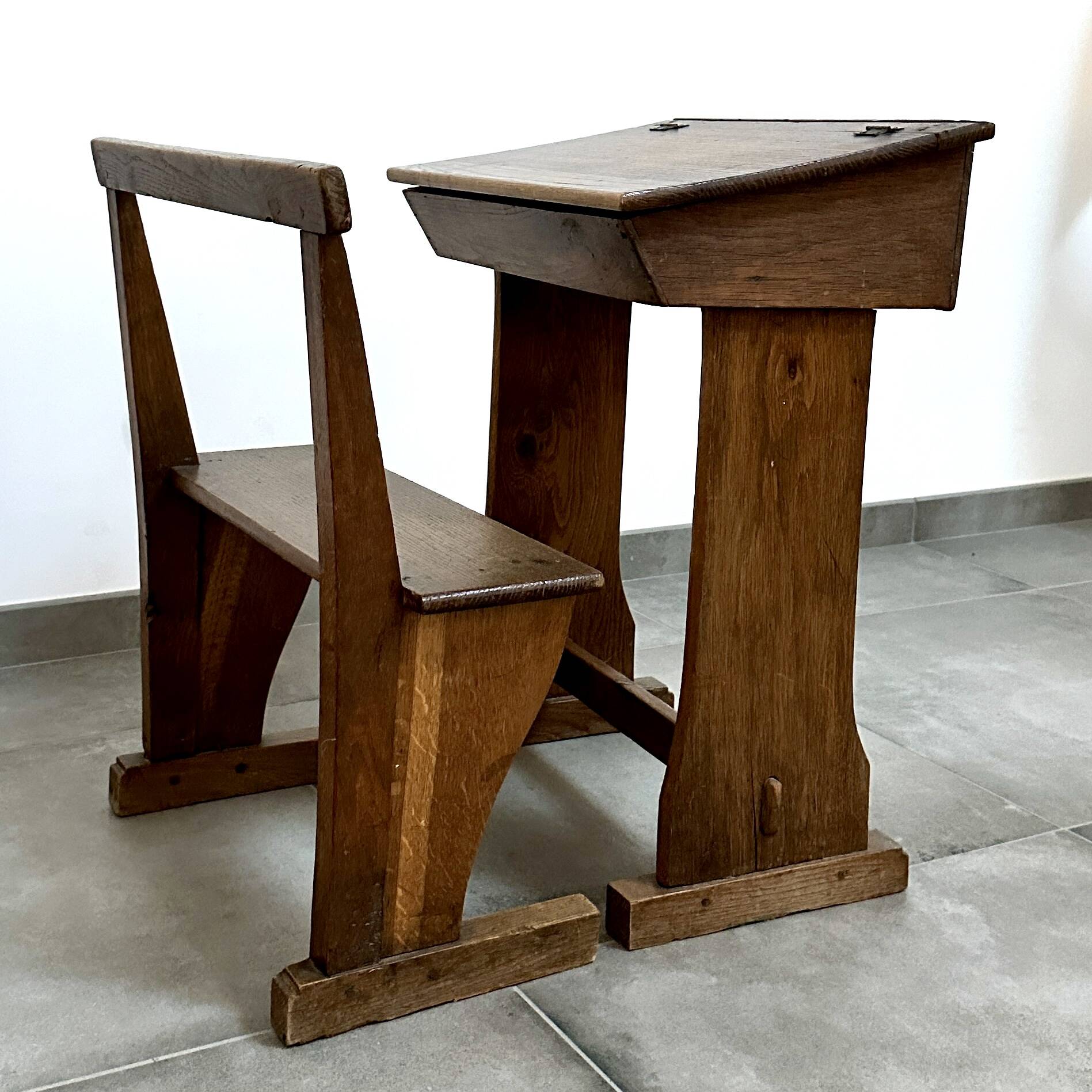 Solid oak school desk - mid-20th century - freestanding bench