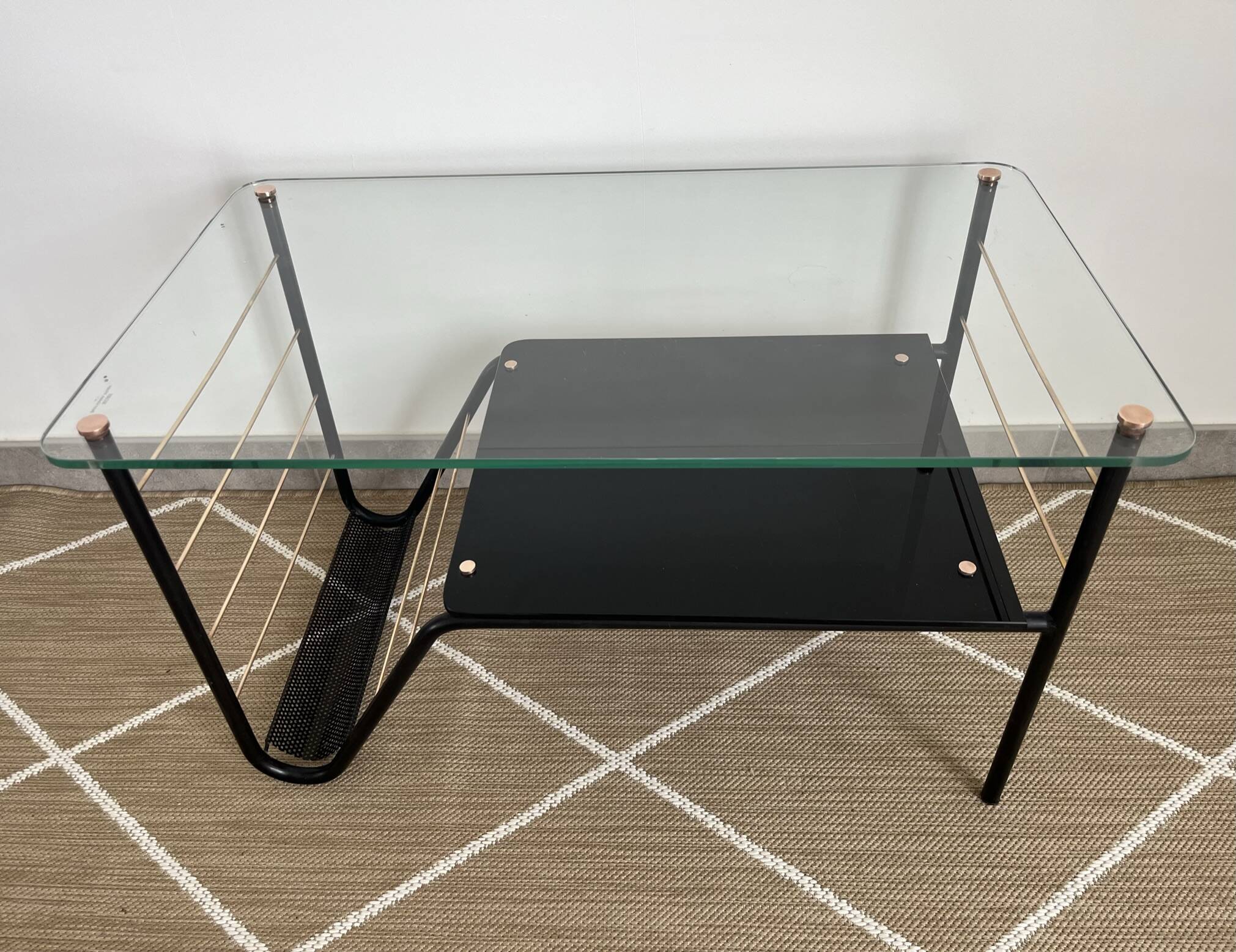 Roche Bobois metal and glass coffee table with magazine rack from the 50s