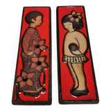Long Søholm relief in beautiful red glaze with a motif of a girl and a boy