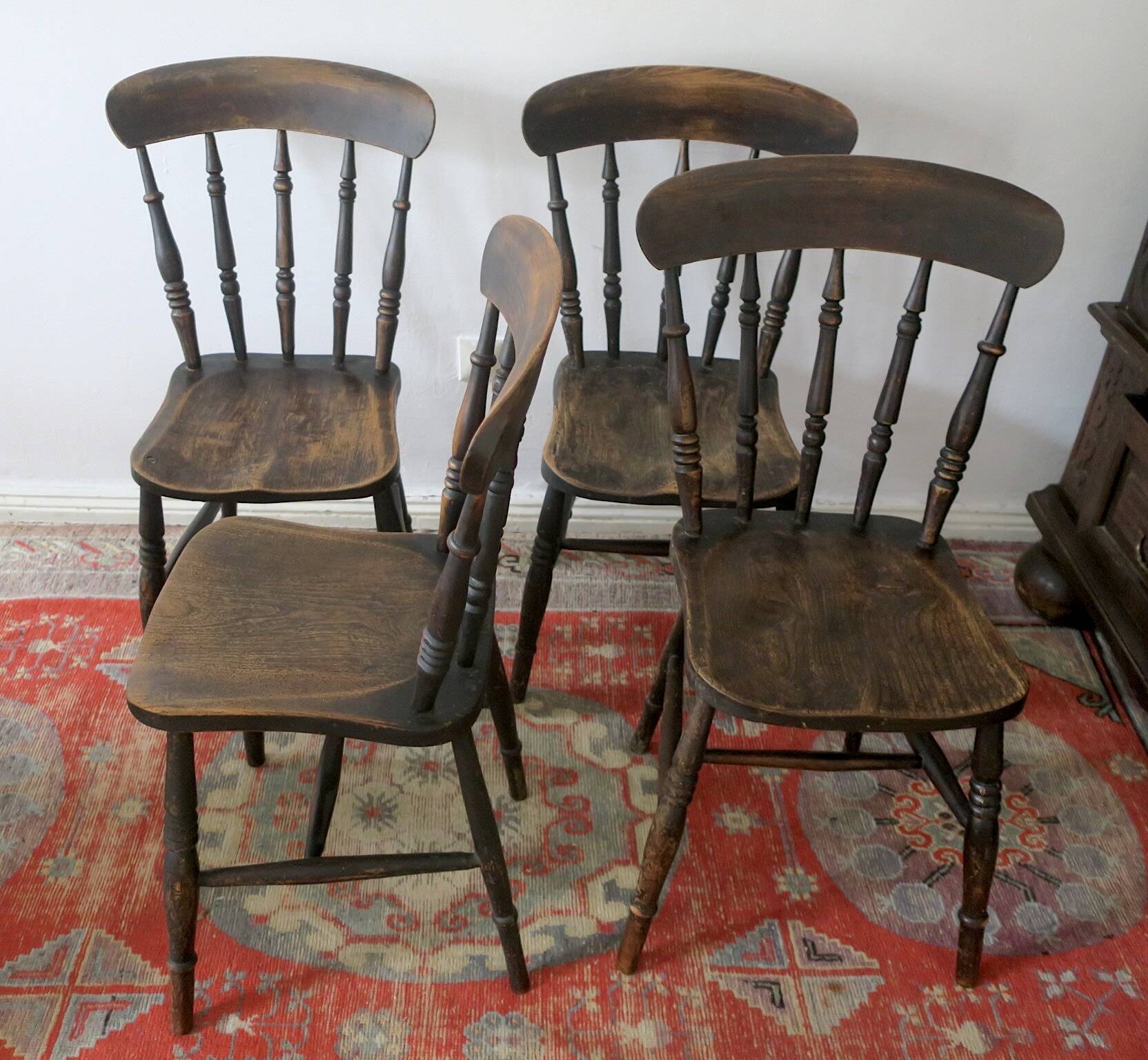 Antique set of 4 farmhouse patinated oak dining chairs, 19th century