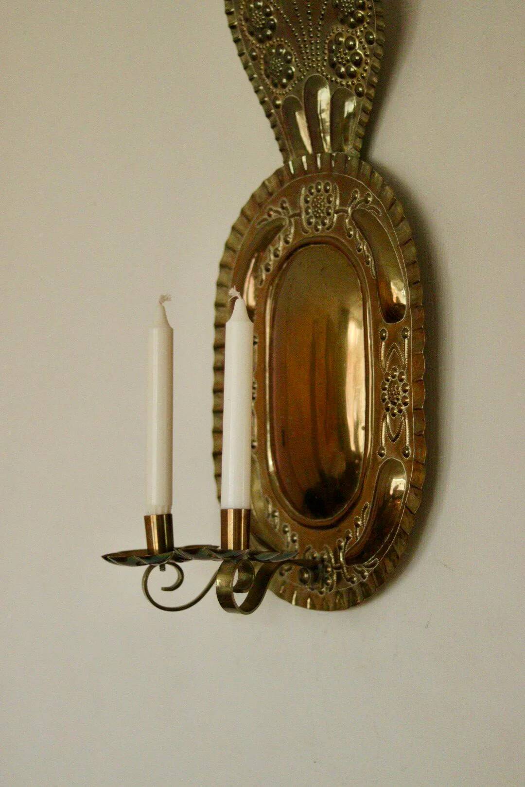 X-large mid-century Swedish brass Baroque sconce with double arm design
