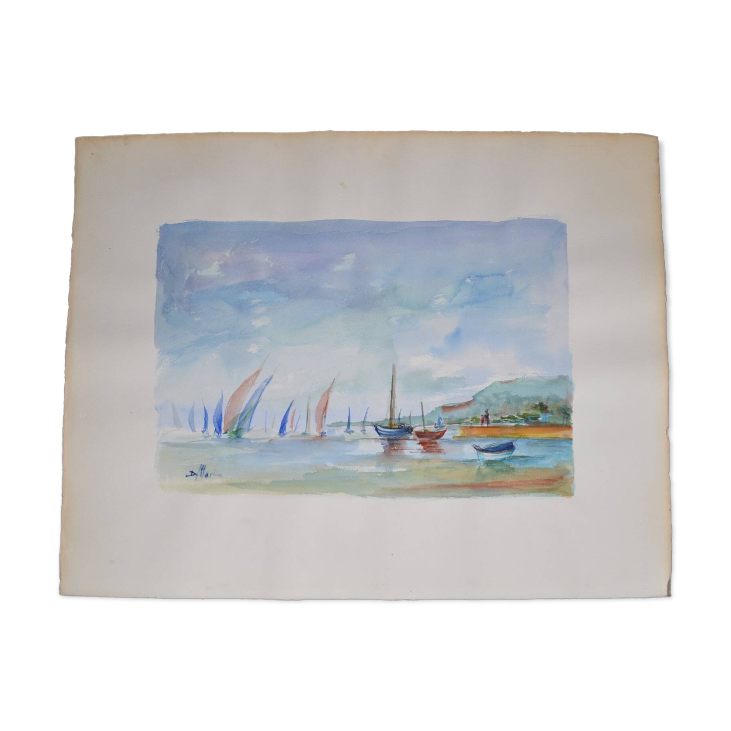 French school 20th century d martine: sailboats on the sea, watercolor