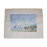 Ecole française xxème siècle d martine : voiliers sur la mer aquarelle
