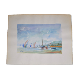 French school 20th century d martine: sailboats on the sea, watercolor