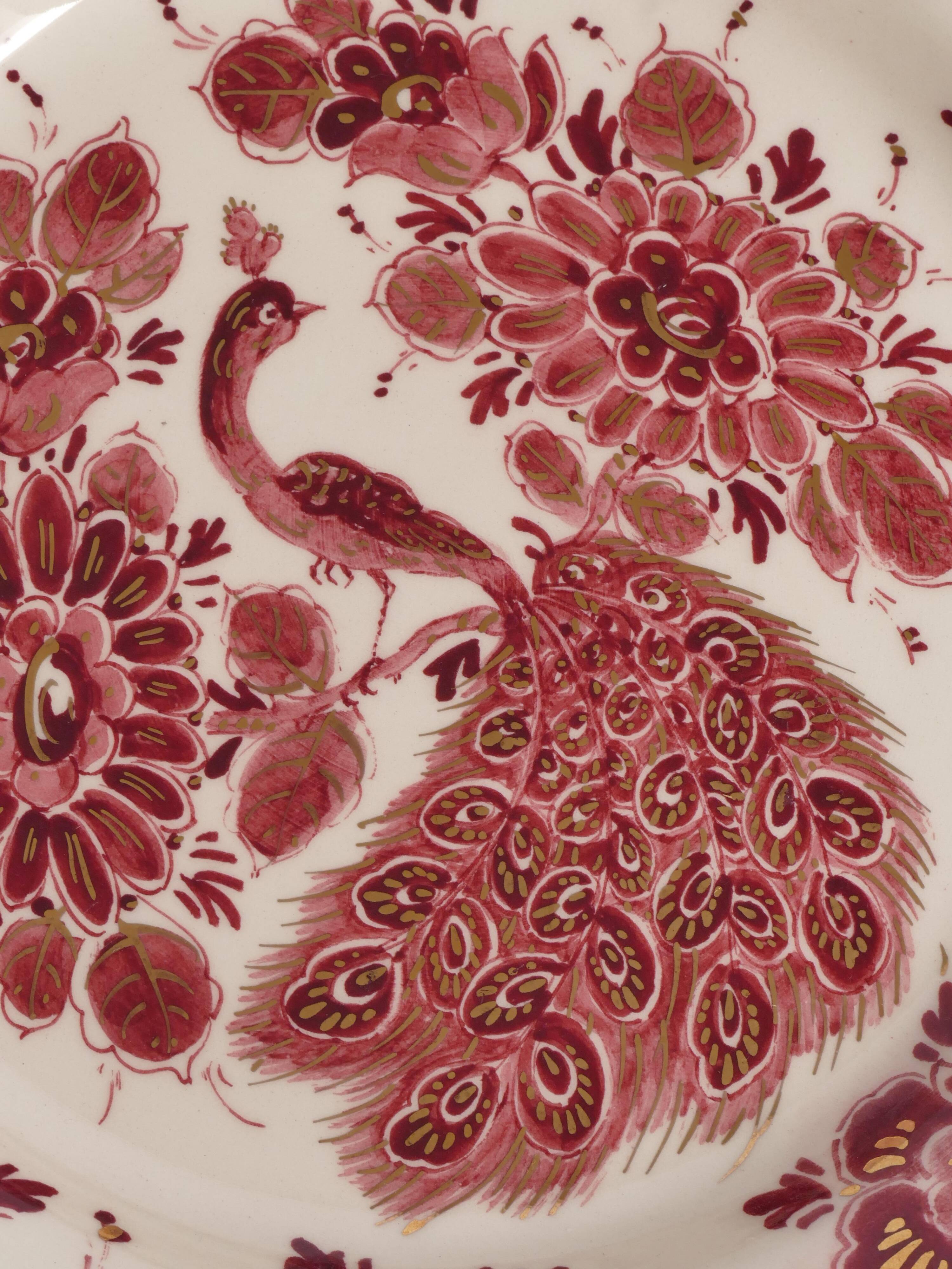 Regina Gouda Delft Hand-Painted Plate Red Peacock & Floral Motif Holland, 1950s