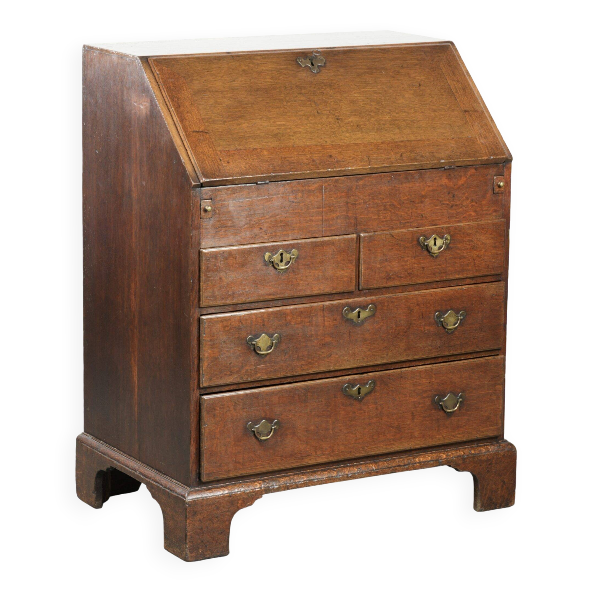 Antique English oak secretary from the 18th century with a stepped interior