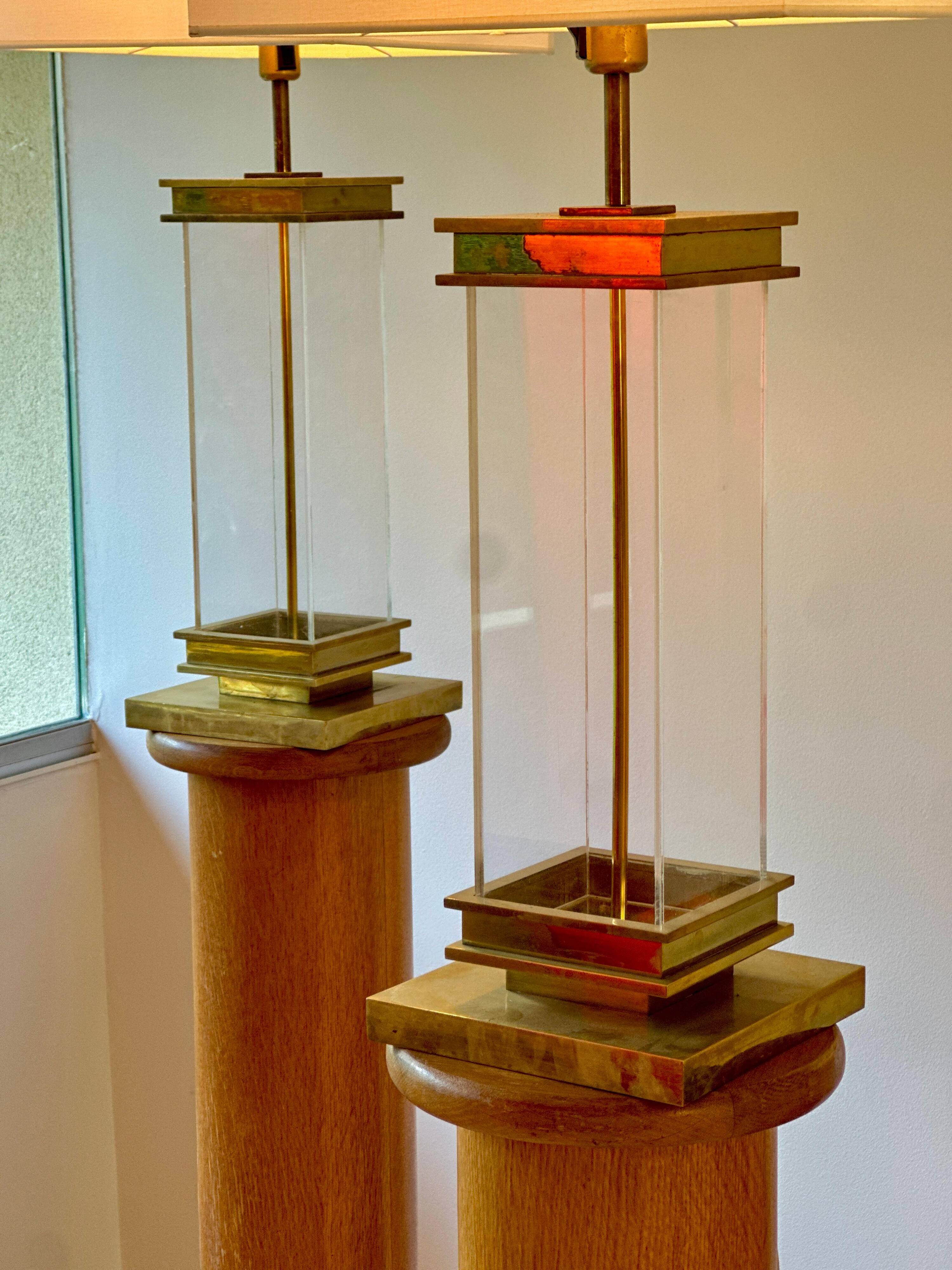 Pair of Monumental Floor Lamps in Plexiglass and Bronze, Italy, 1970s