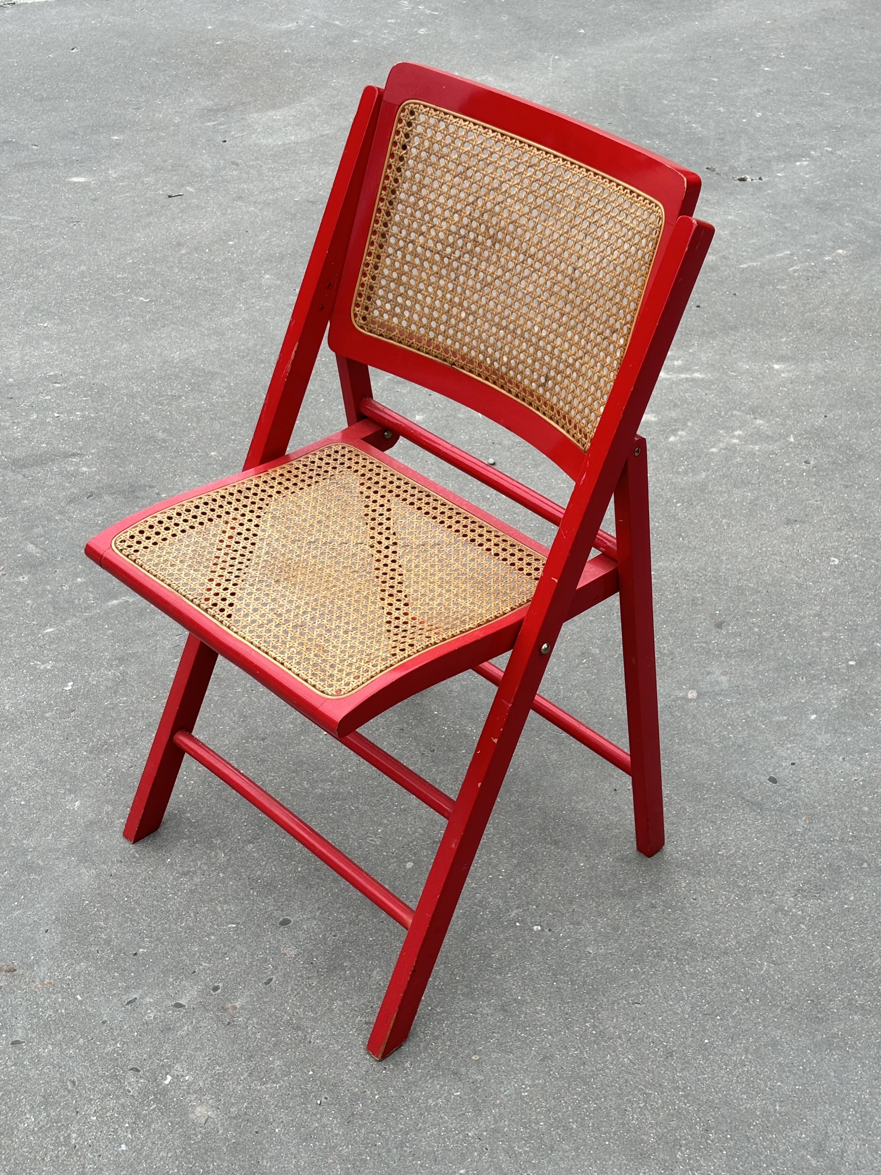 Vintage  Mid-Century Woven Cane Folding Chair  1960s in red cesca style