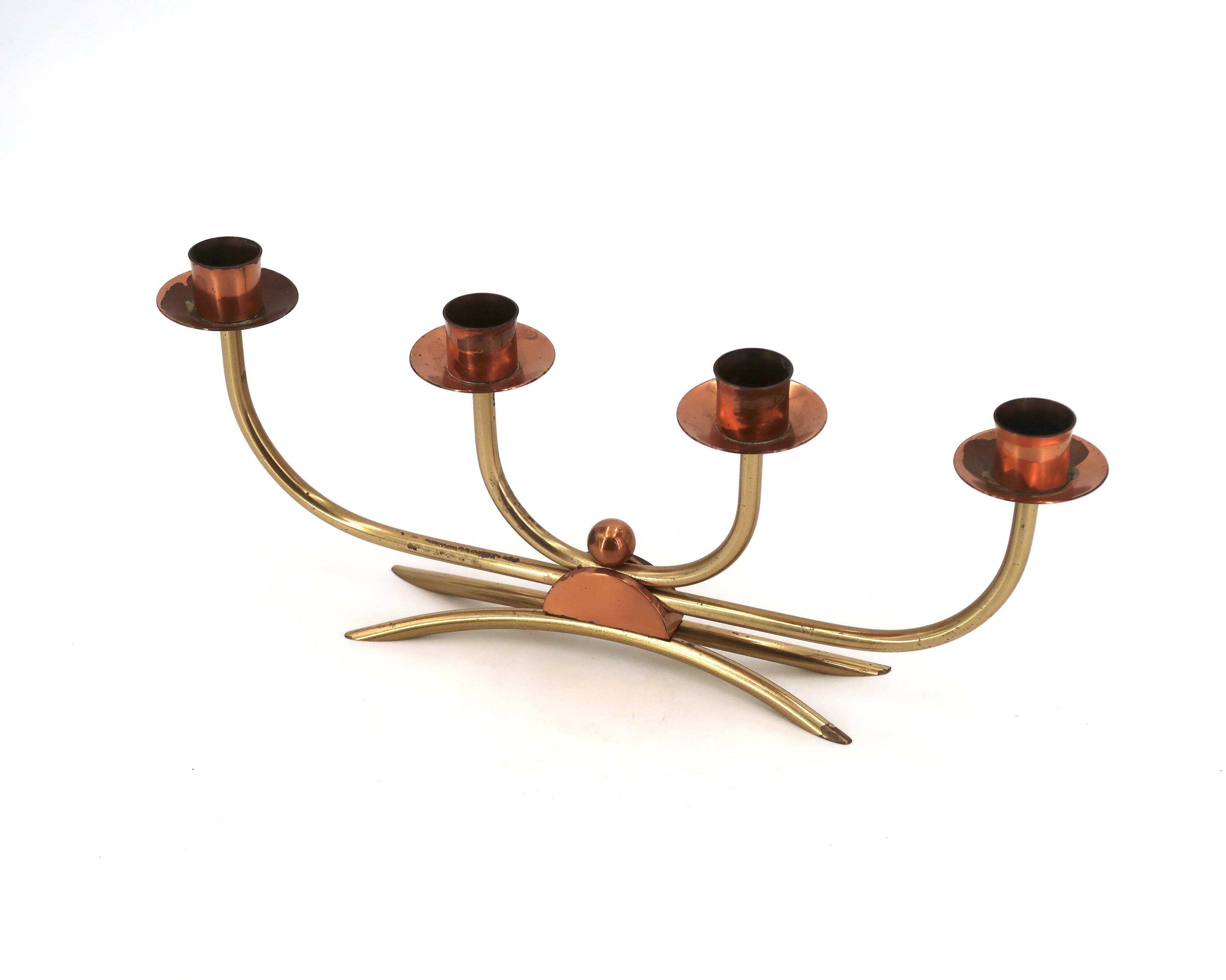 Scandinavian four-branch candlestick in copper and brass, 1950s
