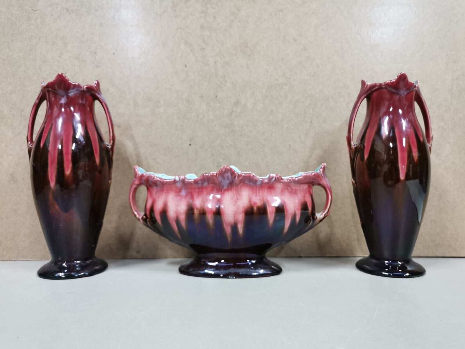 Paire de vase + jardinière art nouveau barbotine dl france garniture de cheminée
