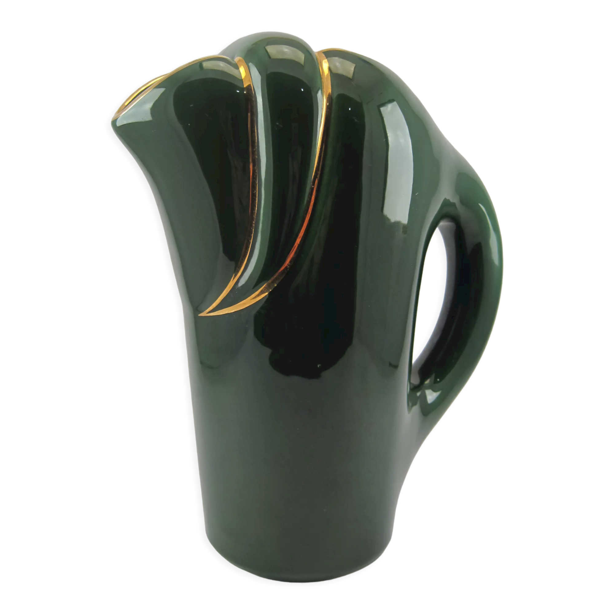 Modernist pitcher in green and gold glazed ceramic, brand MAGDALITHE MADE IN FRANCE around 1950 1