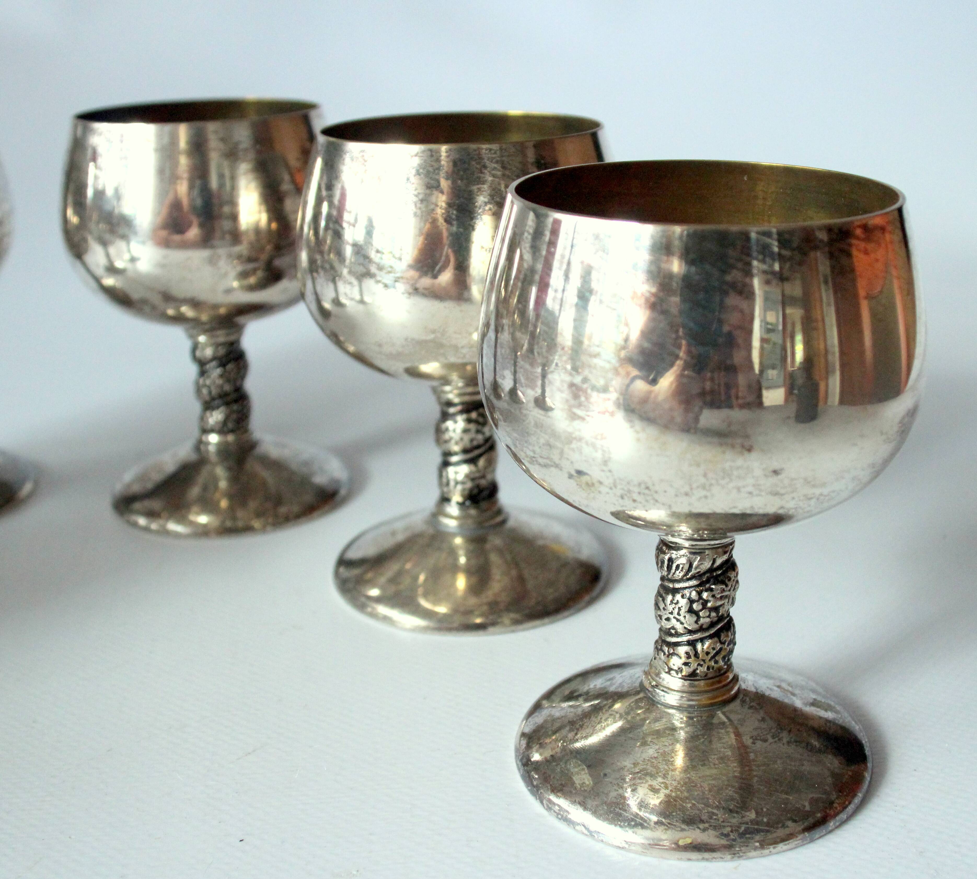 6 Art Deco wine or sherry glasses made of electro silver plated brass