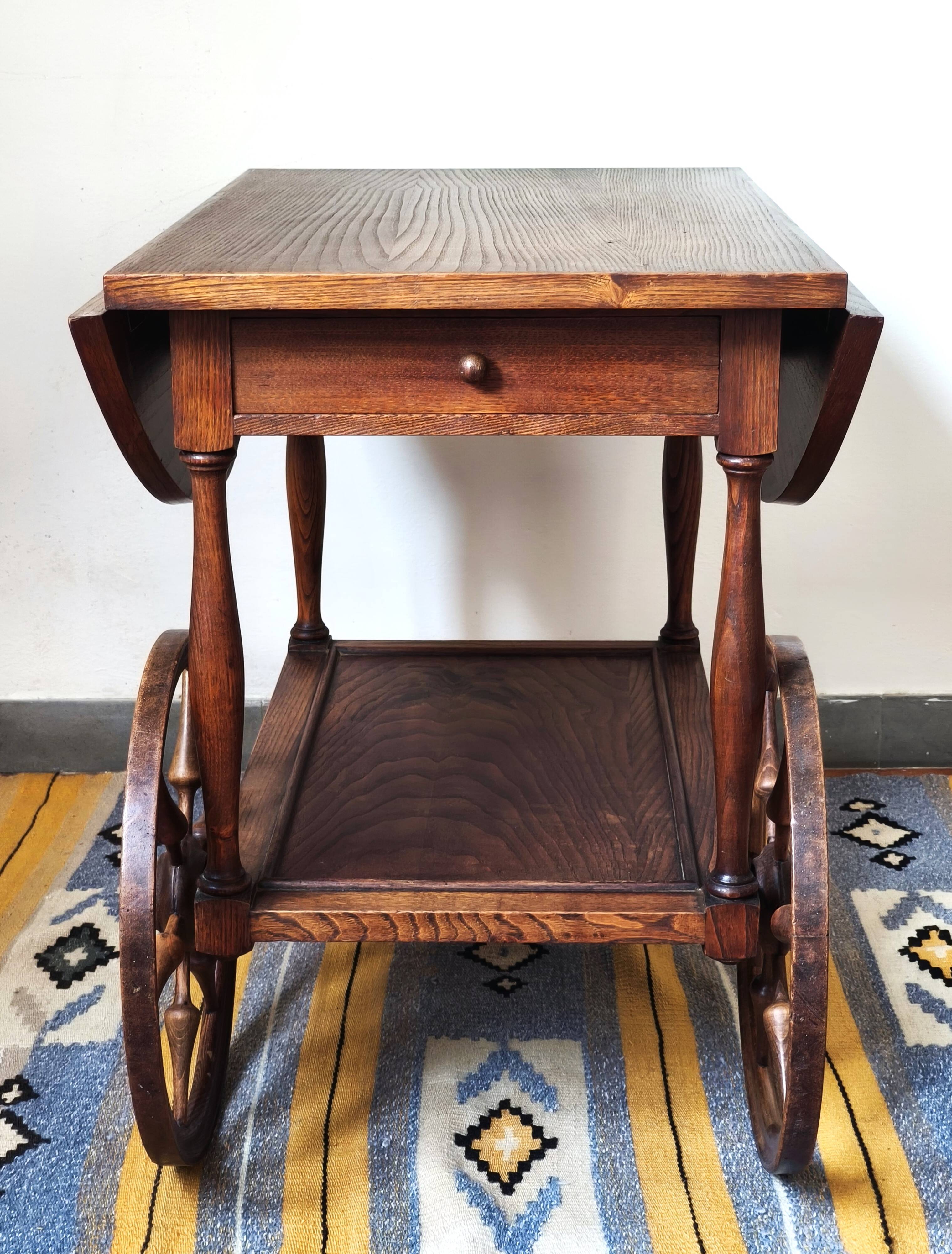 Folding dessert table in solid chestnut, 2 drawers, wheels, 20th century.