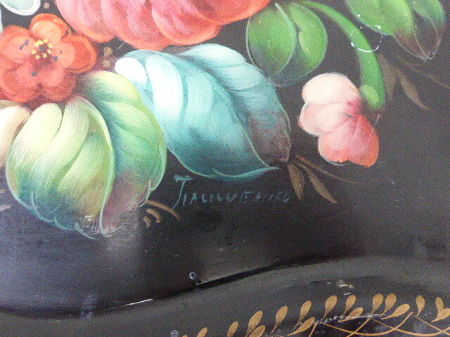 Bohemian and folk this metal tray painted with multicoloured flowers painted hand, russian vintage
