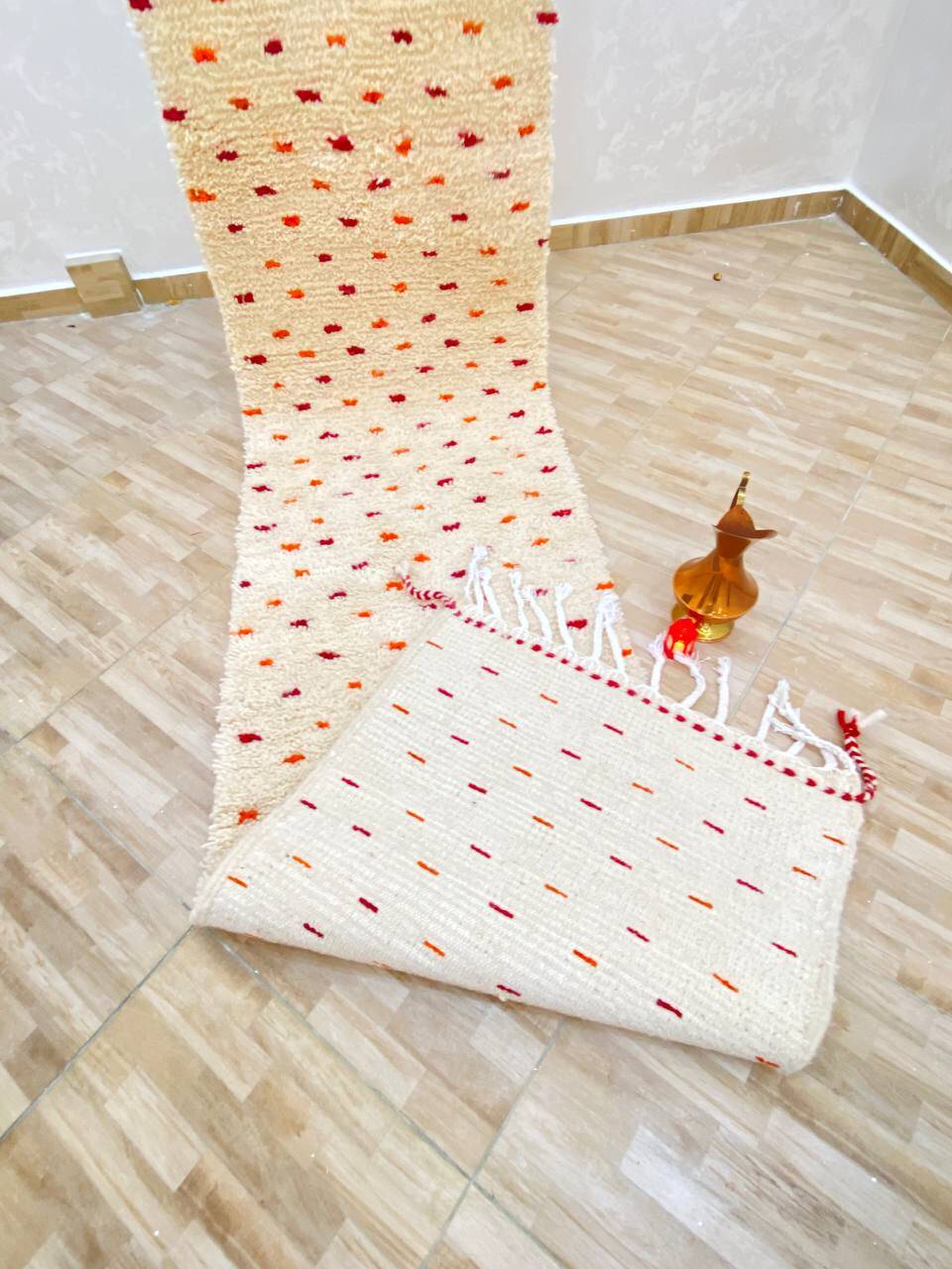 Handmade Beni Ourain Wool Rug – White Berber Rug with Colourful Dots