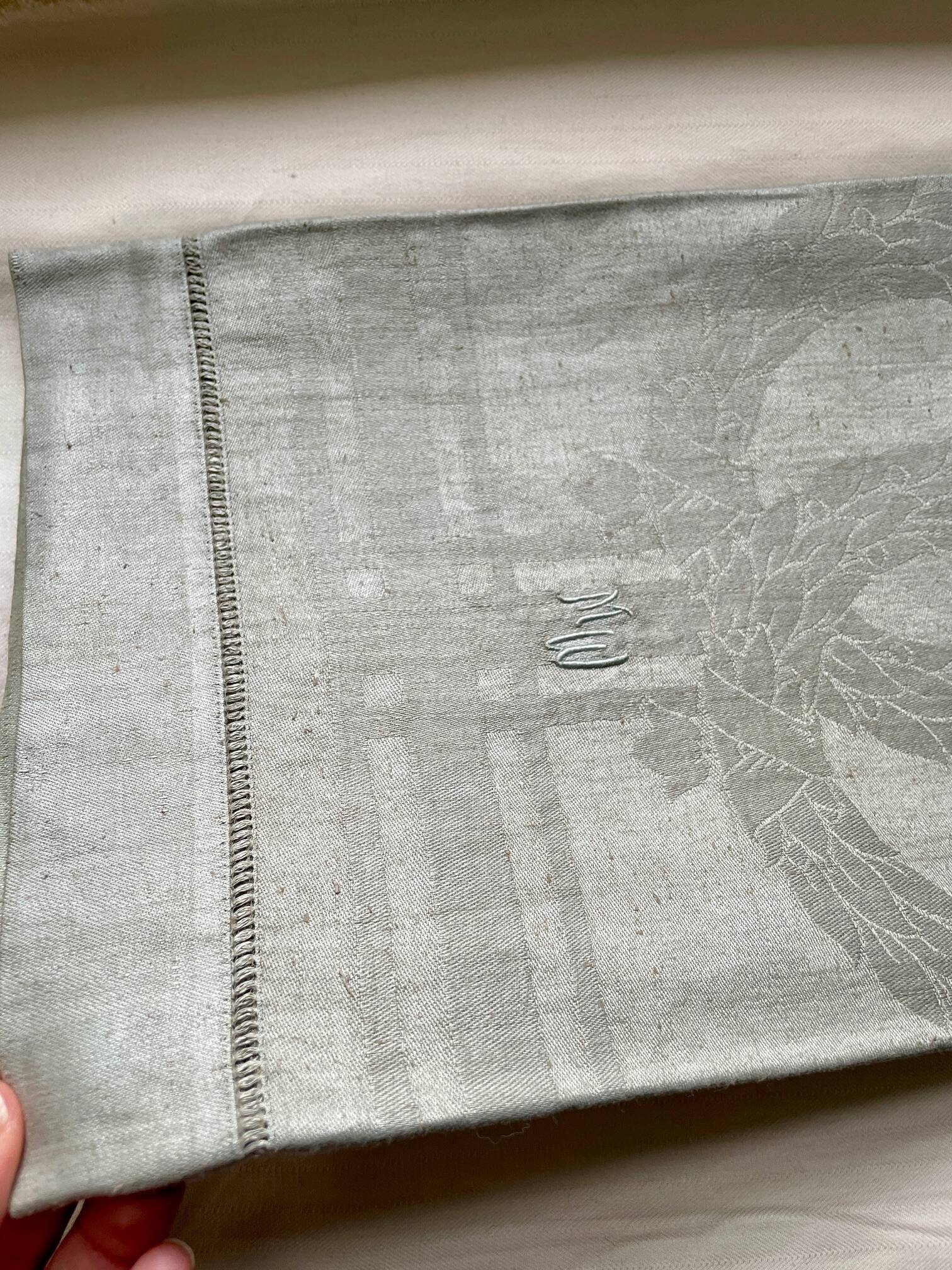 Old embroidered table centre Grey Green 55x111 cm