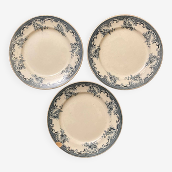 3 Assiettes plates, terre de fer, anciennes au décor bleu