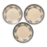 3 Assiettes plates, terre de fer, anciennes au décor bleu