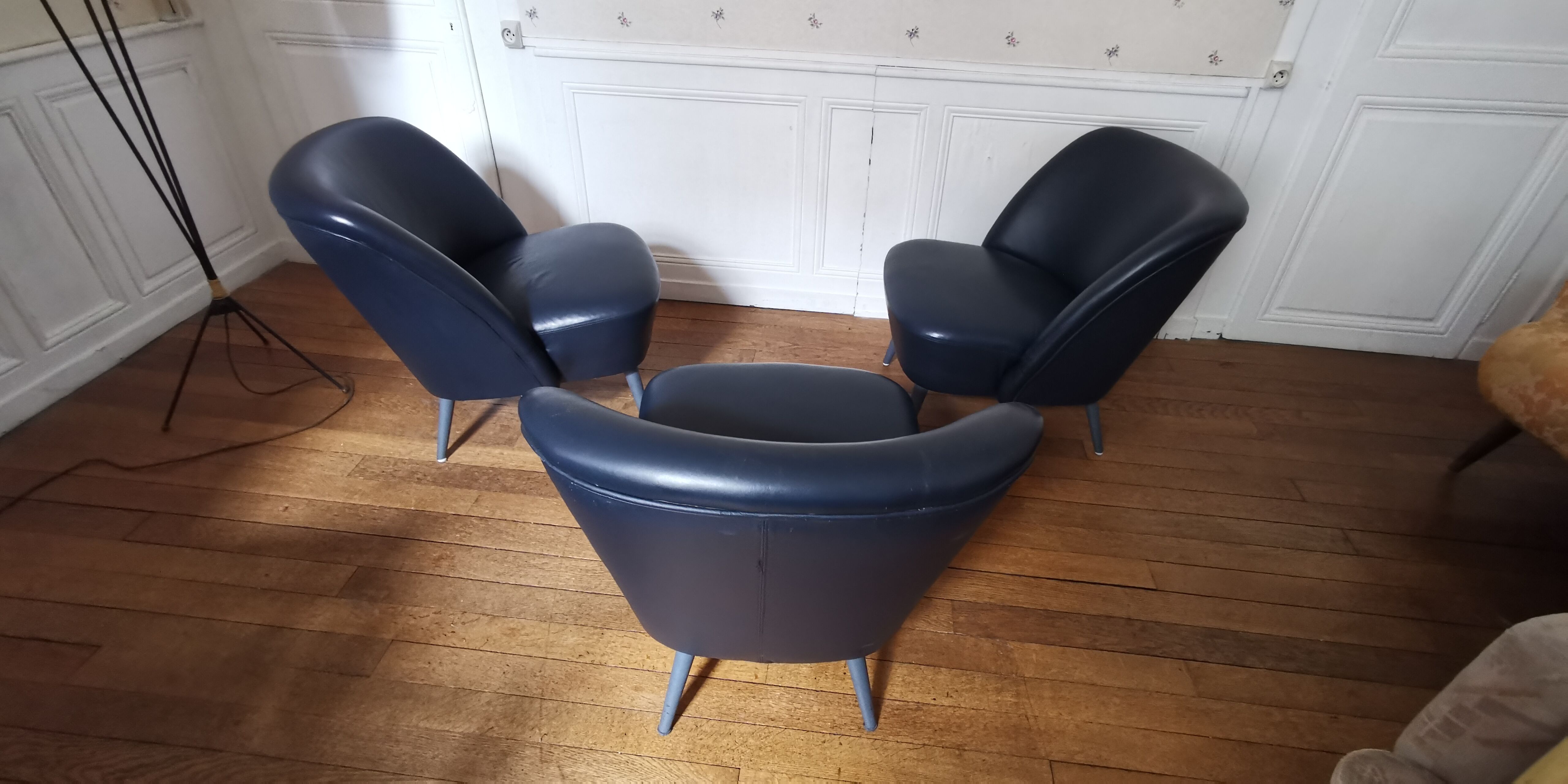 Cocktail armchair blued black leather 50/60