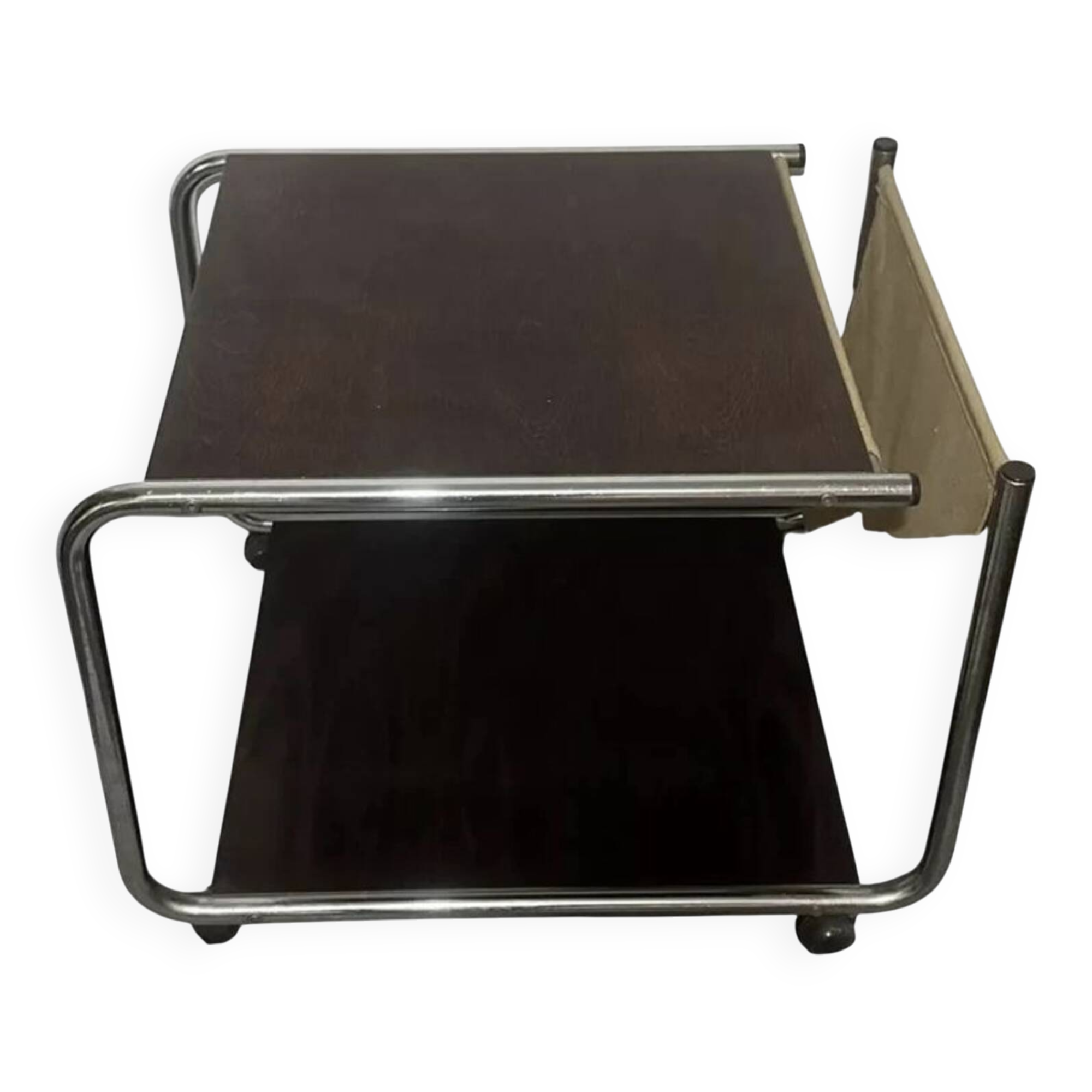 1970s/80s coffee table on casters with metal tubing, light-colored door