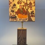 Wooden lamp with carved plant decoration from 1930-50, sold with a 1970 lampshade.